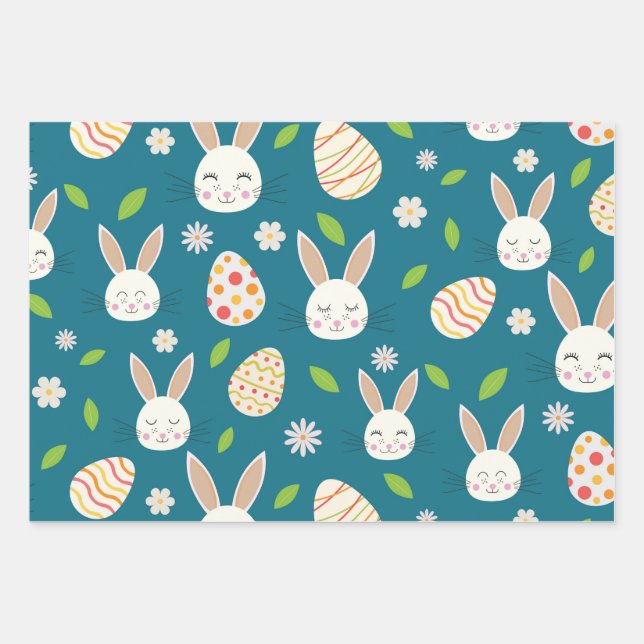 Easter Bunnies with Eggs and Flowers on Blue  Wrapping Paper Sheet (Front)