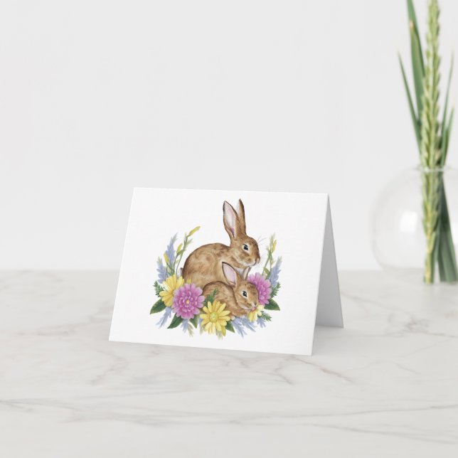 Easter Bunnies with Flowers BLANK  Card (Front)