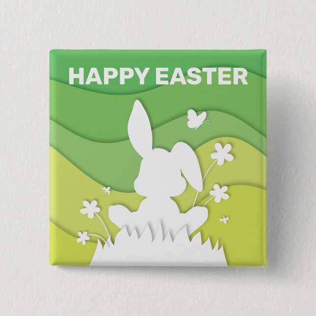 Easter bunny 3D paper cut green nature spring 2 Inch Square Button (Front)