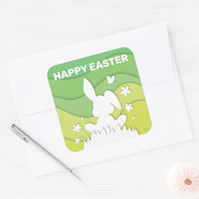 Easter bunny 3D paper cut green nature spring Square Sticker (Envelope)