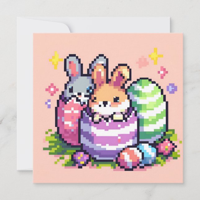 Easter bunny 8 bit pixel art invitation (Front)
