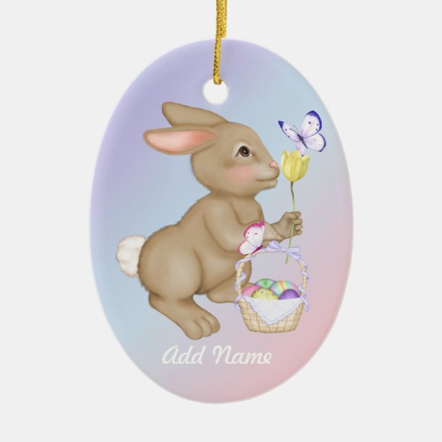 Easter Bunny and Basket Ceramic Ornament (Front)