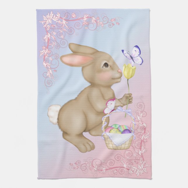 Easter Bunny and Basket Kitchen Towel (Vertical)