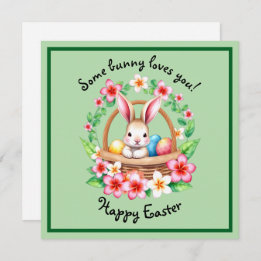Easter bunny and basket of eggs holiday card