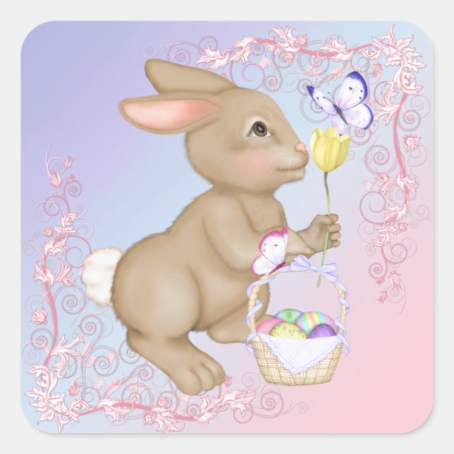 Easter Bunny and Basket Square Sticker (Front)