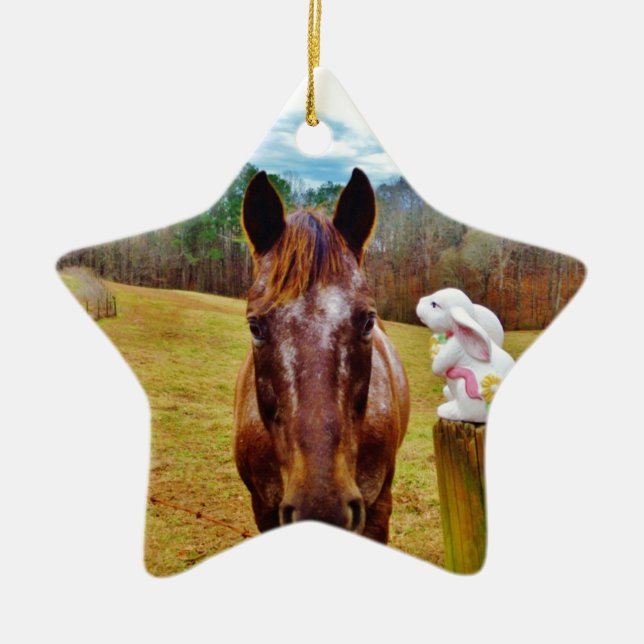 Easter Bunny and Brown horse Ceramic Ornament (Front)