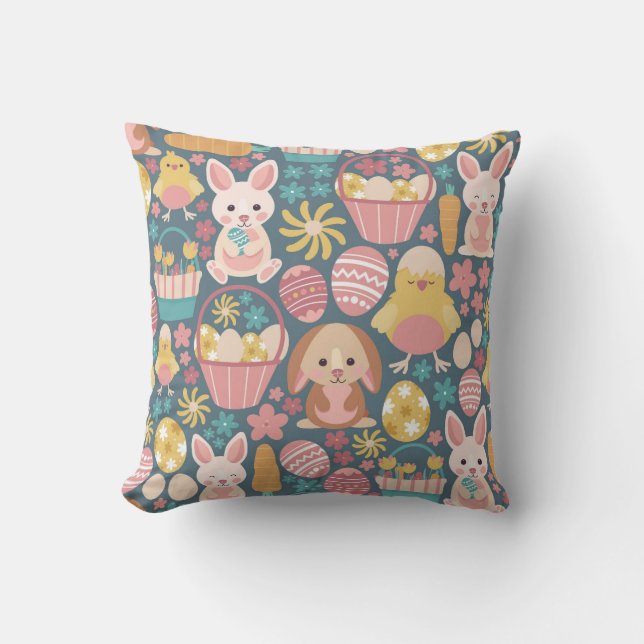 Easter Bunny and Chick Pattern Throw Pillow (Front)