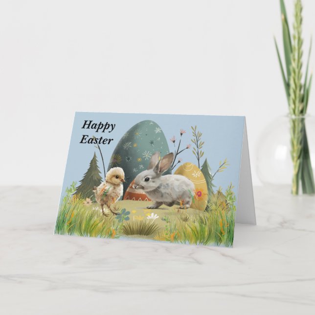 Easter Bunny and Chick with Eggs Card (Front)