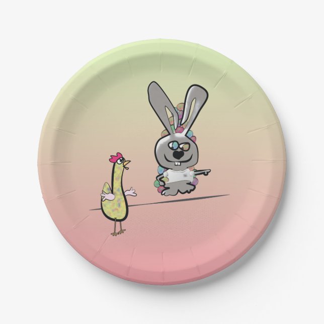 Easter Bunny and Chicken Cartoon Paper Plate (Front)