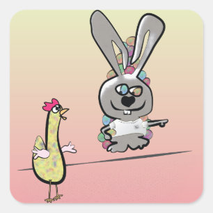 Easter Bunny and Chicken Cartoon Square Sticker