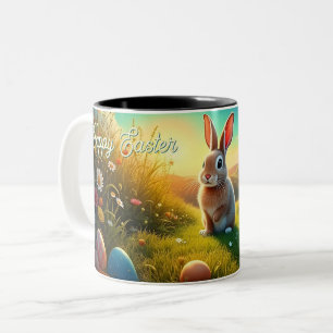 Easter Bunny and Colourful Eggs in Spring Magic Two-Tone Coffee Mug