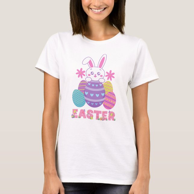  Easter Bunny and Colourful Eggs T-Shirt (Front)