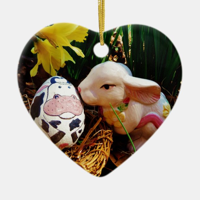 Easter Bunny and cow egg Ceramic Ornament (Front)