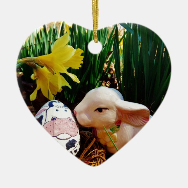 Easter Bunny and cow egg Ceramic Ornament (Front)