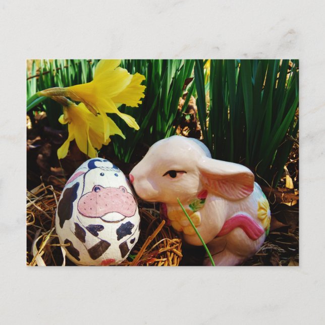 Easter Bunny and cow egg Holiday Postcard (Front)