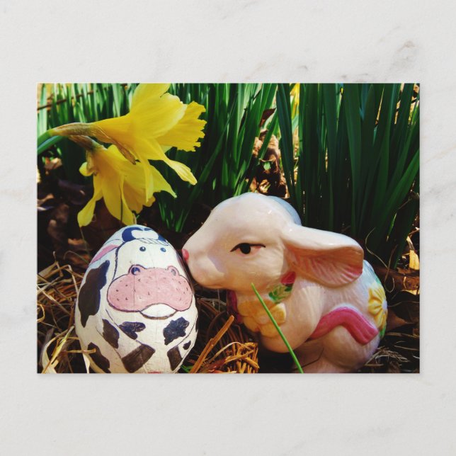 Easter Bunny and cow egg Holiday Postcard (Front)