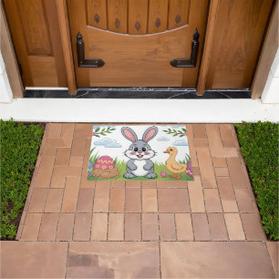 Easter Bunny and Duckling in Spring Meadow Doormat