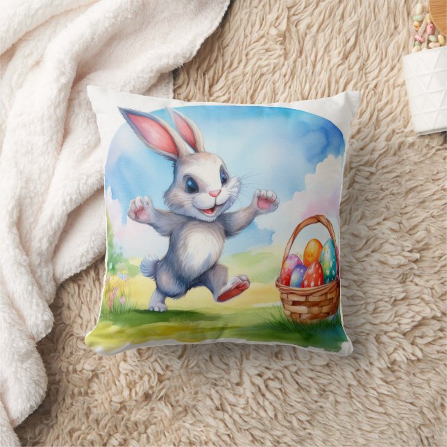 Easter Bunny and Eggs Basket Throw Pillow (Blanket)