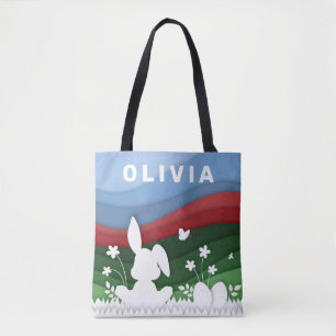 Easter bunny and eggs cartoon paper cut spring  to tote bag