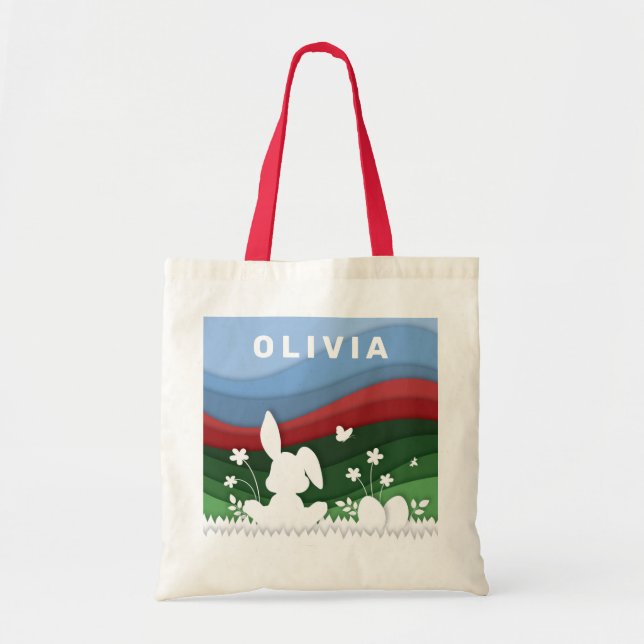 Easter bunny and eggs cartoon paper cut spring  tote bag (Front)