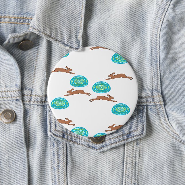easter bunny and eggs on white 4 inch round button (In Situ)