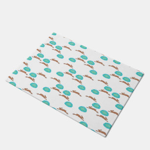 easter bunny and eggs on white doormat