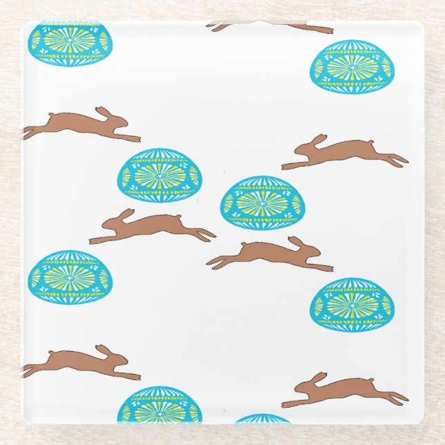 easter bunny and eggs on white glass coaster (Front)