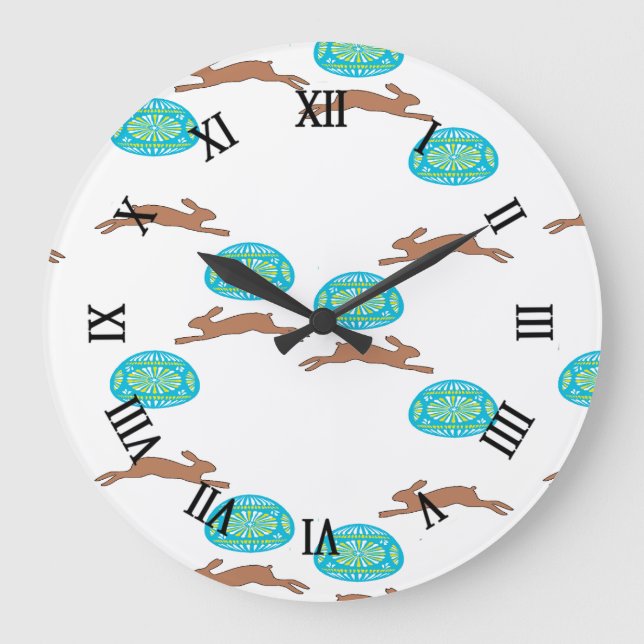 easter bunny and eggs on white large clock (Front)