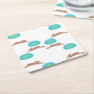 easter bunny and eggs on white square paper coaster