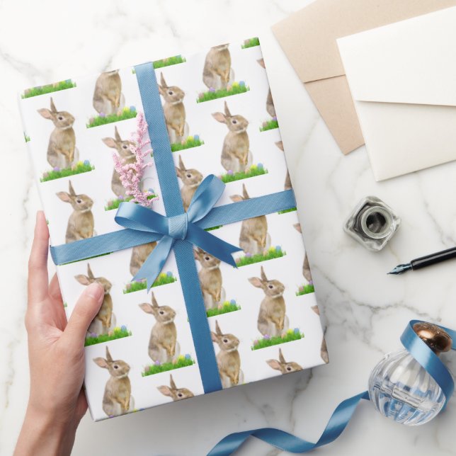 Easter Bunny and Eggs On White Wrapping Paper (Gifting)