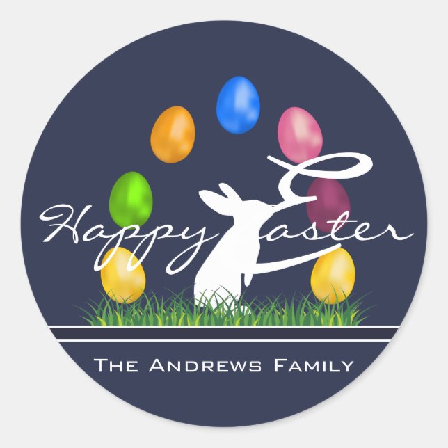 Easter Bunny and Eggs Personalized Classic Round Sticker (Front)