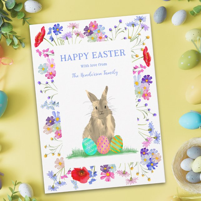 Easter Bunny and Eggs Spring Floral Holiday Card (Easter egg hunt brunch cute bunny floral spring garden party inviation)