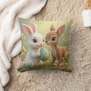 Easter Bunny and Fawn In Wildflowers Throw Pillow