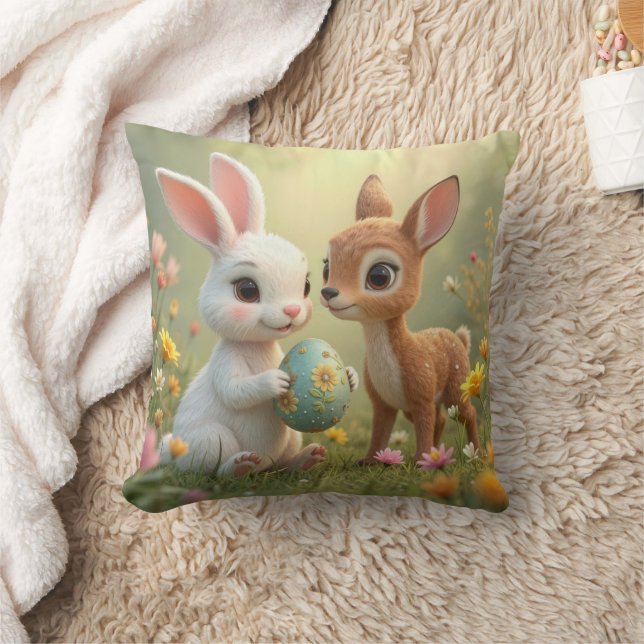 Easter Bunny and Fawn In Wildflowers Throw Pillow (Blanket)