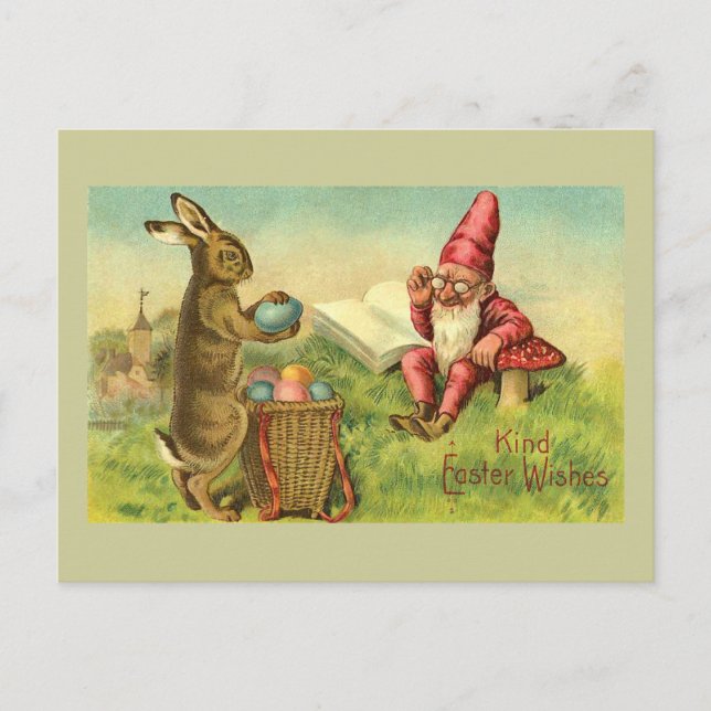 Easter Bunny And Gnome Vintage Greeting Holiday Postcard (Front)