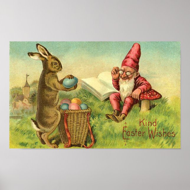Easter Bunny And Gnome Vintage Greeting Poster (Front)