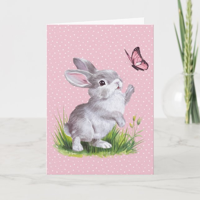 Easter Bunny and Pink Butterfly Holiday Card (Front)