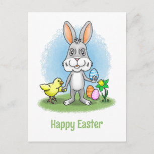 Easter Bunny and the Chicken Show the Easter Eggs Holiday Postcard
