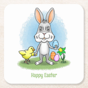 Easter Bunny and the Chicken Square Paper Coaster