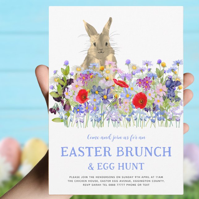 Easter Bunny and Wildflowers Egg Hunt and Brunch Invitation (Easter brunch and egg hunt invitation with colorful watercolor wildflowers and cute Easter bunny )
