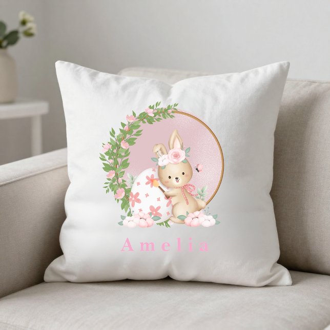Easter Bunny at Garden Personalized Throw Pillow (Creator Uploaded)