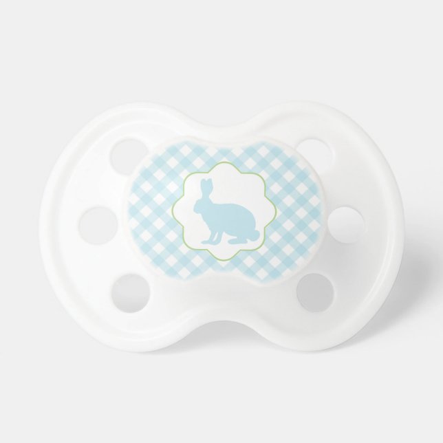 Easter bunny baby pacifier with blue gingham check (Front)