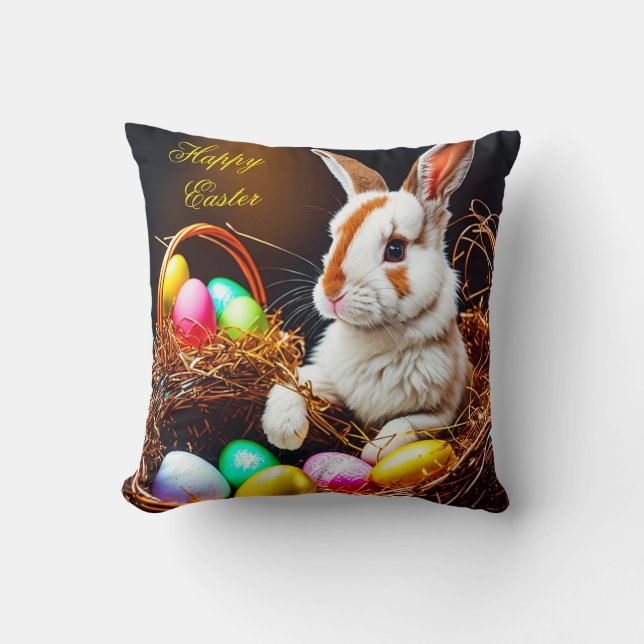 Easter Bunny Basket & Eggs Throw Pillow (Front)