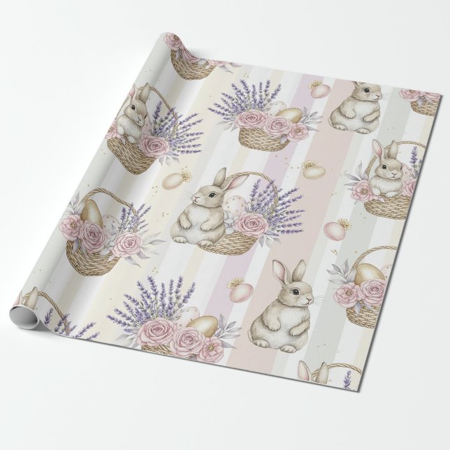 Easter Bunny Basket Pastel Gold Stripe Wrapping Paper (Unrolled)
