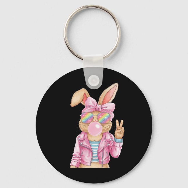 Easter Bunny Blowing Bubble Happy Easter Bunny Coq Keychain (Front)