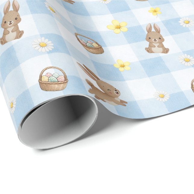 Easter Bunny Blue Gingham Wrapping Paper (Roll Corner)