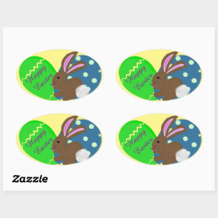 Easter Bunny Blue Green Easter Eggs Oval Sticker