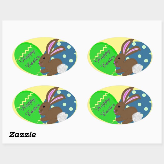 Easter Bunny Blue Green Easter Eggs Oval Sticker (Sheet)
