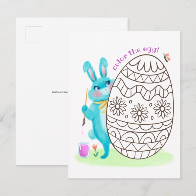 Easter Bunny Blue Rabbit Colouring Page Postcard (Front/Back)