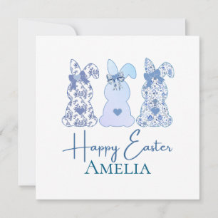 Easter Bunny Blue White Floral Bow Personalized  Invitation